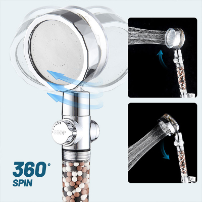 360 Degree High Pressure Turbo Fan Shower Head SPA Propeller Driven Negative Ion Mineral Stone Water Filter Hand Shower